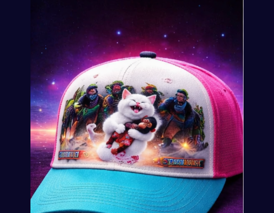 Trucker hat mockup with chaotic animal chase slop graphic.