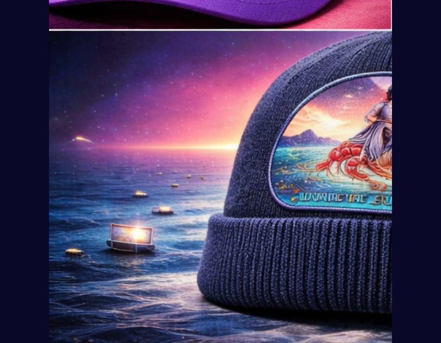 Beanie mockup with surreal shrimp rider apocalypse patch.