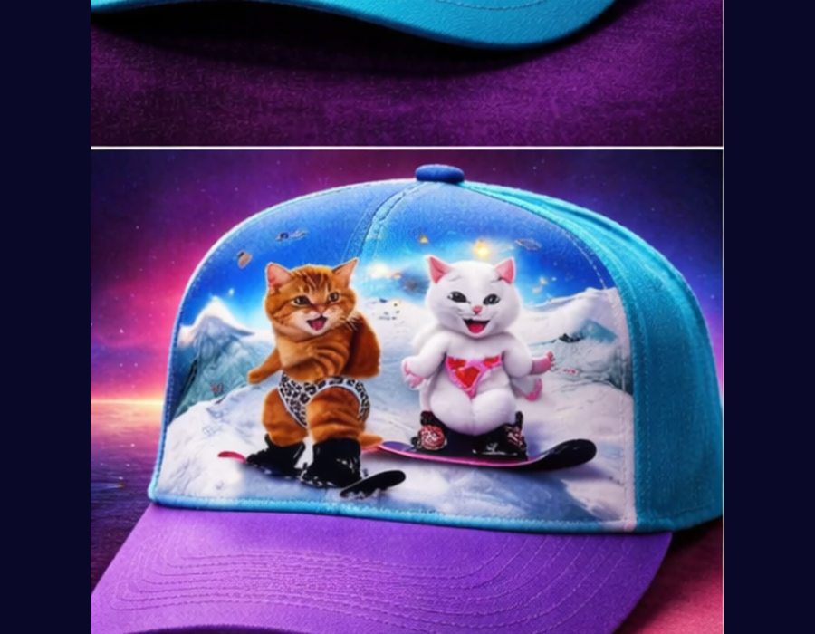 5-panel hat mockup with cats snowboarding chaos graphic.
