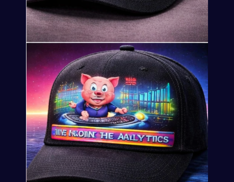 Snapback hat mockup with data pig news parody graphic.